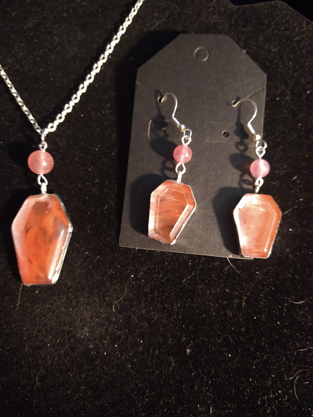 Strawberry Quartz Coffin Pendant Necklace and Earring Set